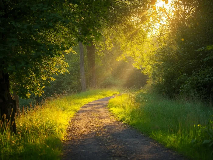 Trauersprüche_Symbolbild_Waldweg_Sonne
