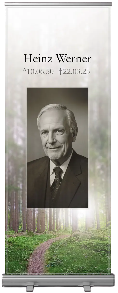 Gedenkbanner Waldmotiv mit individuellem Porträt für Trauerfeier, Roll-Up Banner