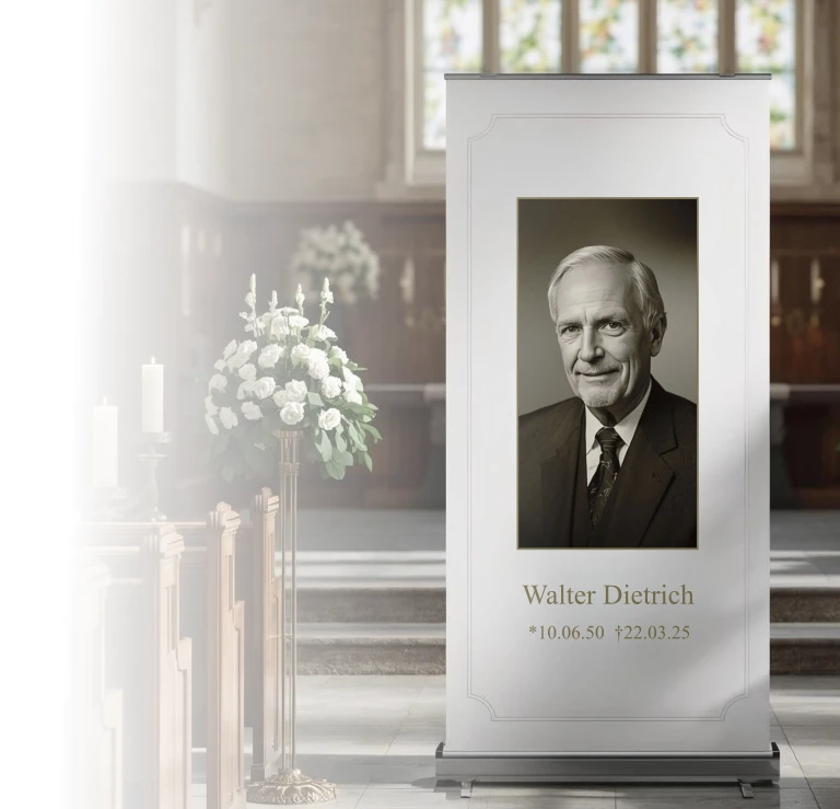 Header Gedenkbanner für Trauerfeier mit individuellem Text und Motiv
