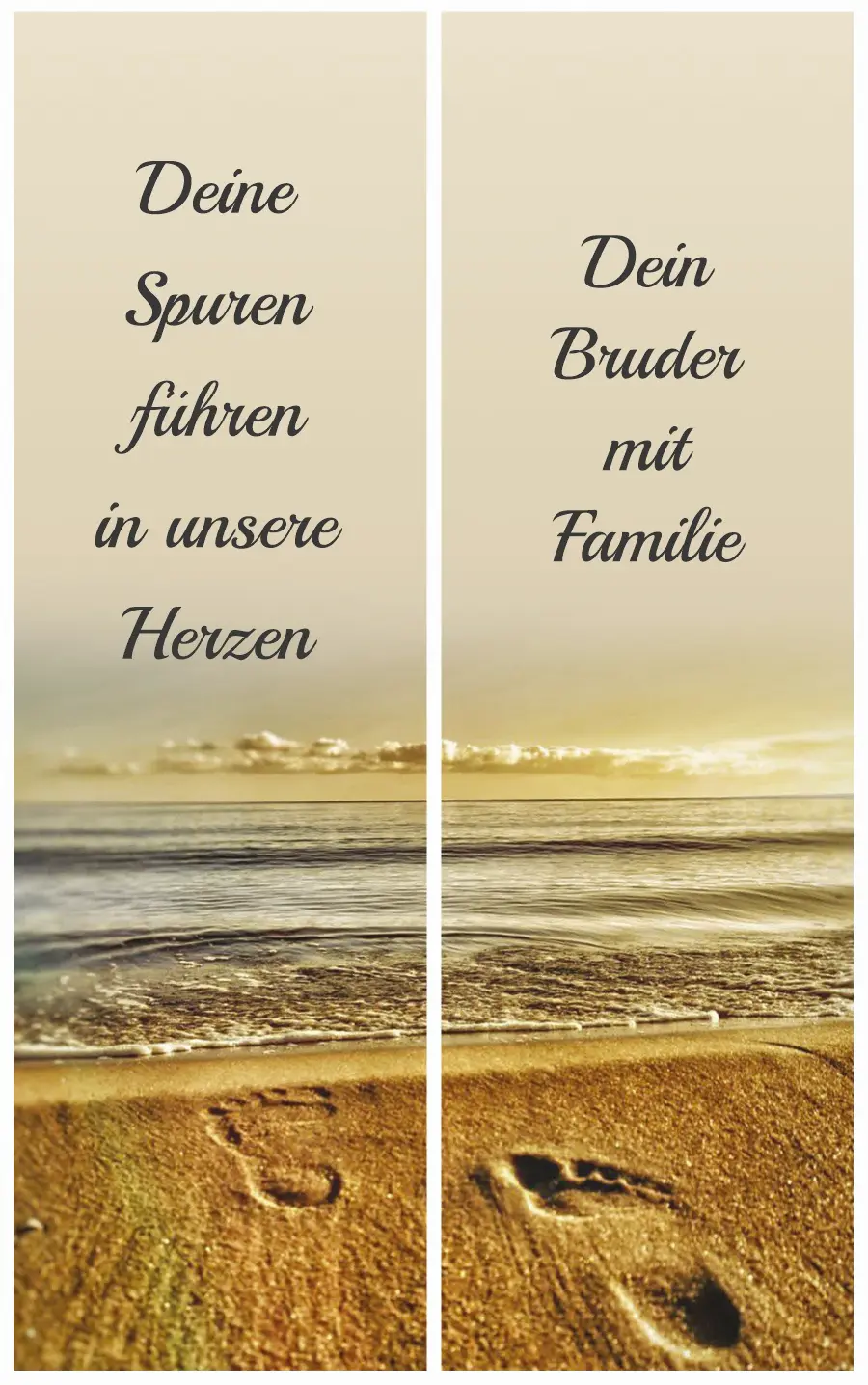 Personalisierte Trauerschleife mit Motiv Fußspuren im Sand – Symbol für die Spuren, die ein geliebter Mensch in unseren Herzen hinterlässt.
