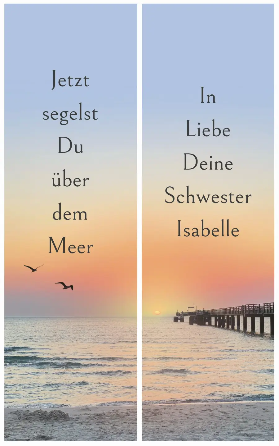 Personalisierte Trauerschleife mit Motiv Sonnenuntergang an der Ostsee – Symbol für einen friedvollen Abschied und die Erinnerungen, die wie das Meer für immer bleiben.