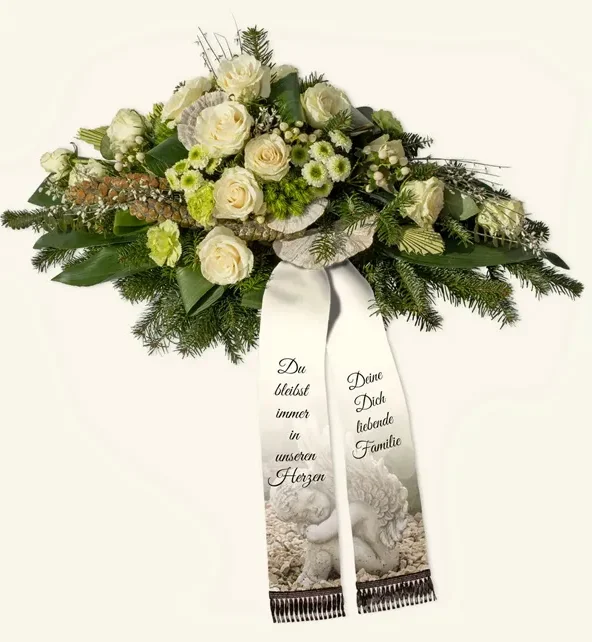 Gesteck mit Trauerschleife und Engel-Motiv